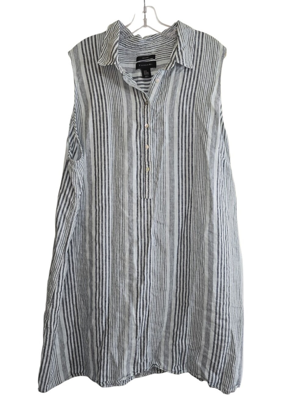 Tahari Sleeveless Vertical-striped Linen Shirt Dress 3X Gray White Popover